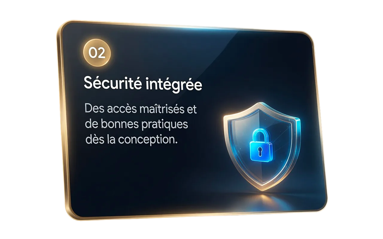Sécurité intégrée : des accès maîtrisés et de bonnes pratiques dès la conception.