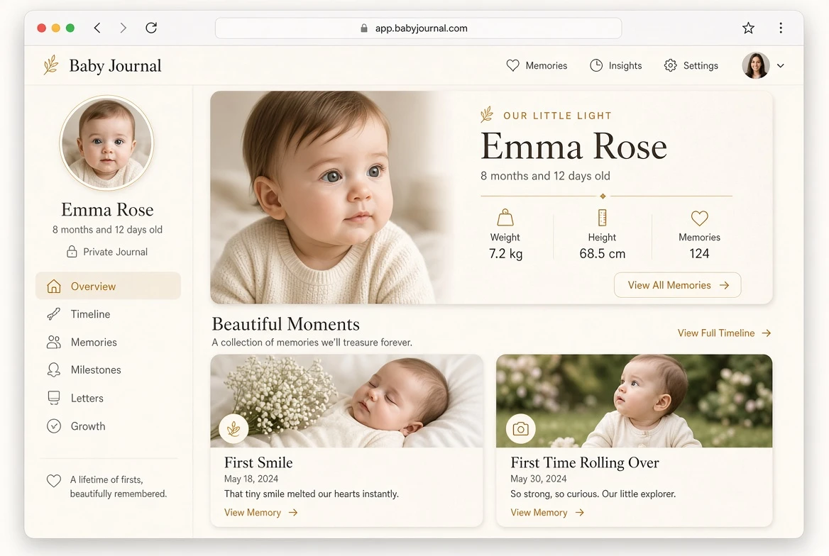 Aperçu de l’interface Baby Journal avec journal privé, photos et repères de croissance
