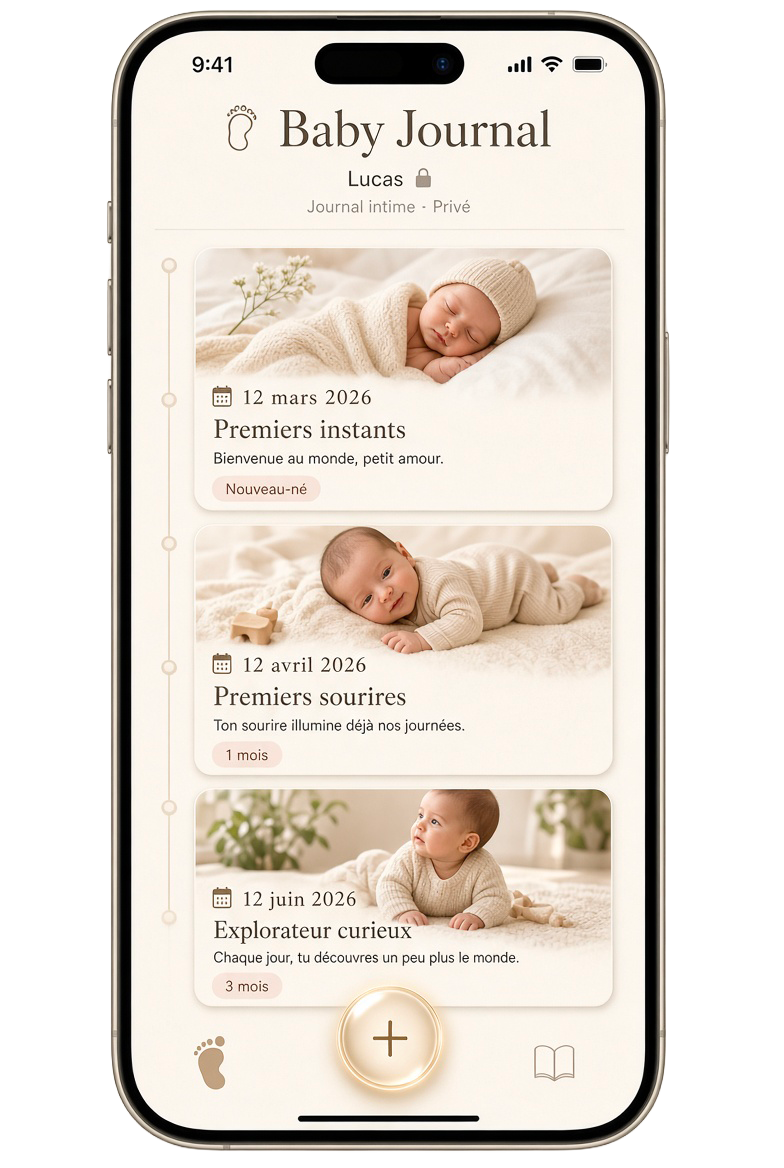 Timeline Baby Journal sur mobile avec les premiers instants de Lucas