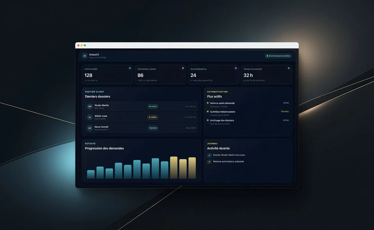 Aperçu fictif du tableau de bord GlobalOS avec indicateurs, dossiers et automatisations