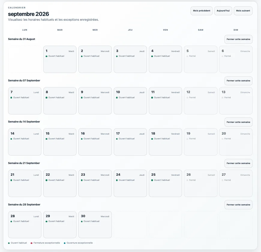 Calendrier mensuel Global Booking affichant les horaires habituels, les jours fermés et les exceptions