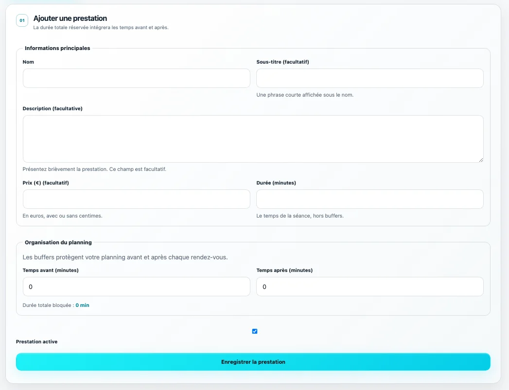 Configuration d’une prestation, de sa durée et des temps réservés dans Global Booking