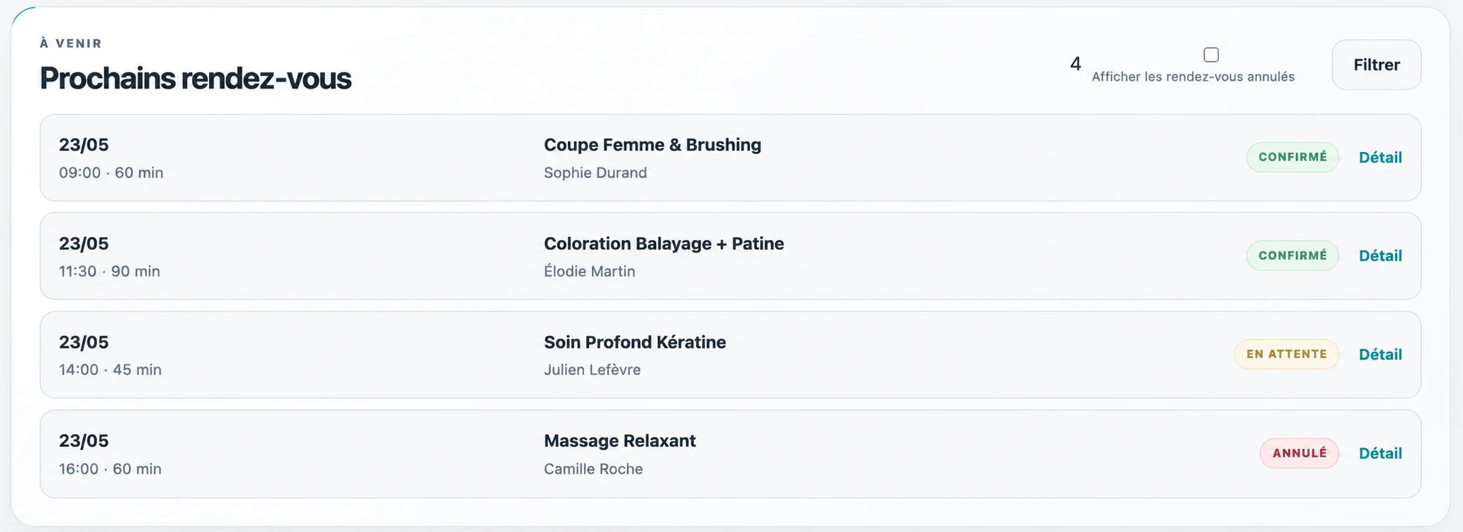 Liste Global Booking des prochains rendez-vous avec prestation, durée et statut