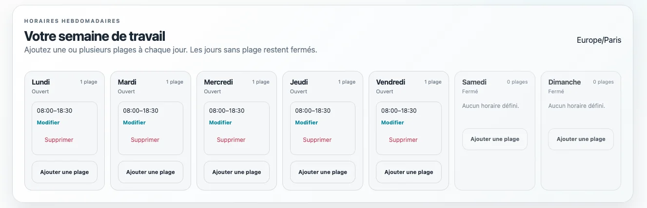 Réglage des horaires hebdomadaires et des jours d’ouverture dans Global Booking