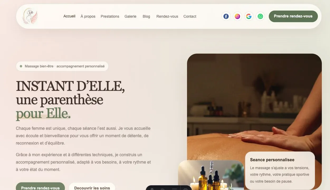 Page d’accueil Instant d’Elle avec sa navigation et une présentation du massage personnalisé