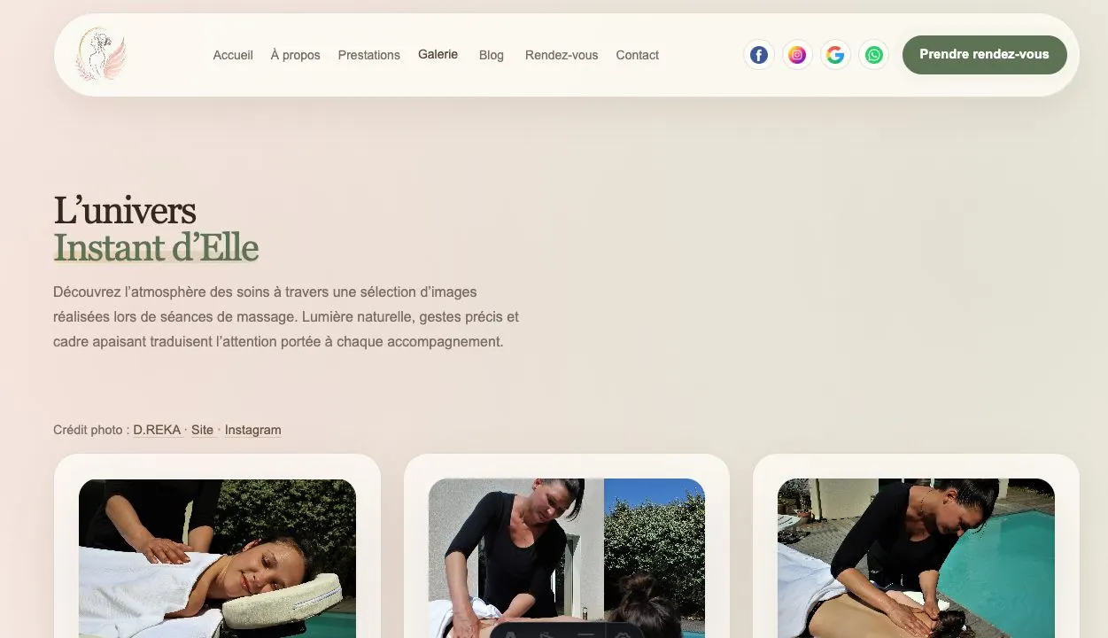 Page galerie du site Instant d’Elle avec des visuels de l’univers bien-être