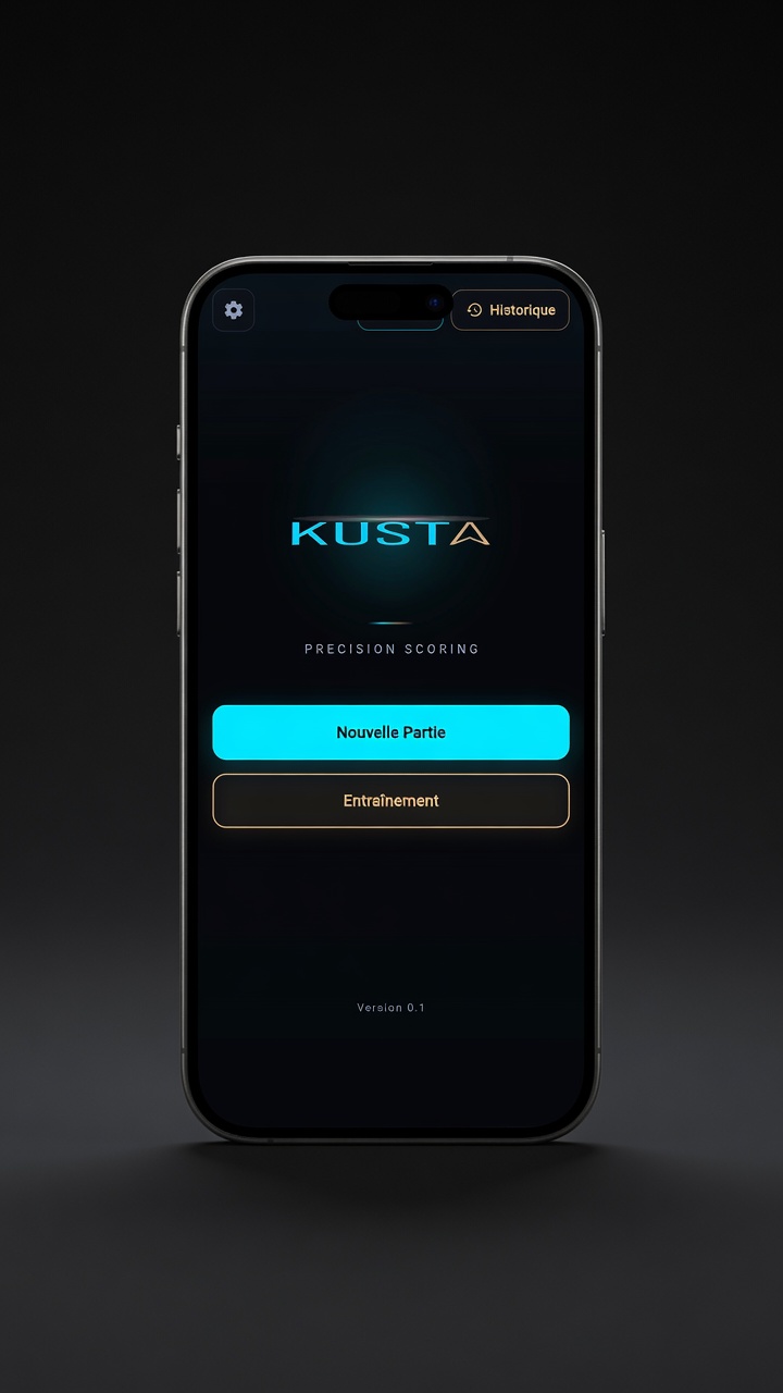 Application KUSTA affichée sur un smartphone, écran d’accueil avec les actions Nouvelle Partie et Entraînement