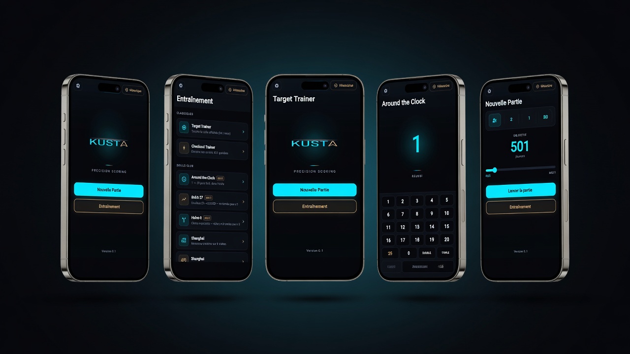 Cinq smartphones présentant les écrans principaux de l’application KUSTA