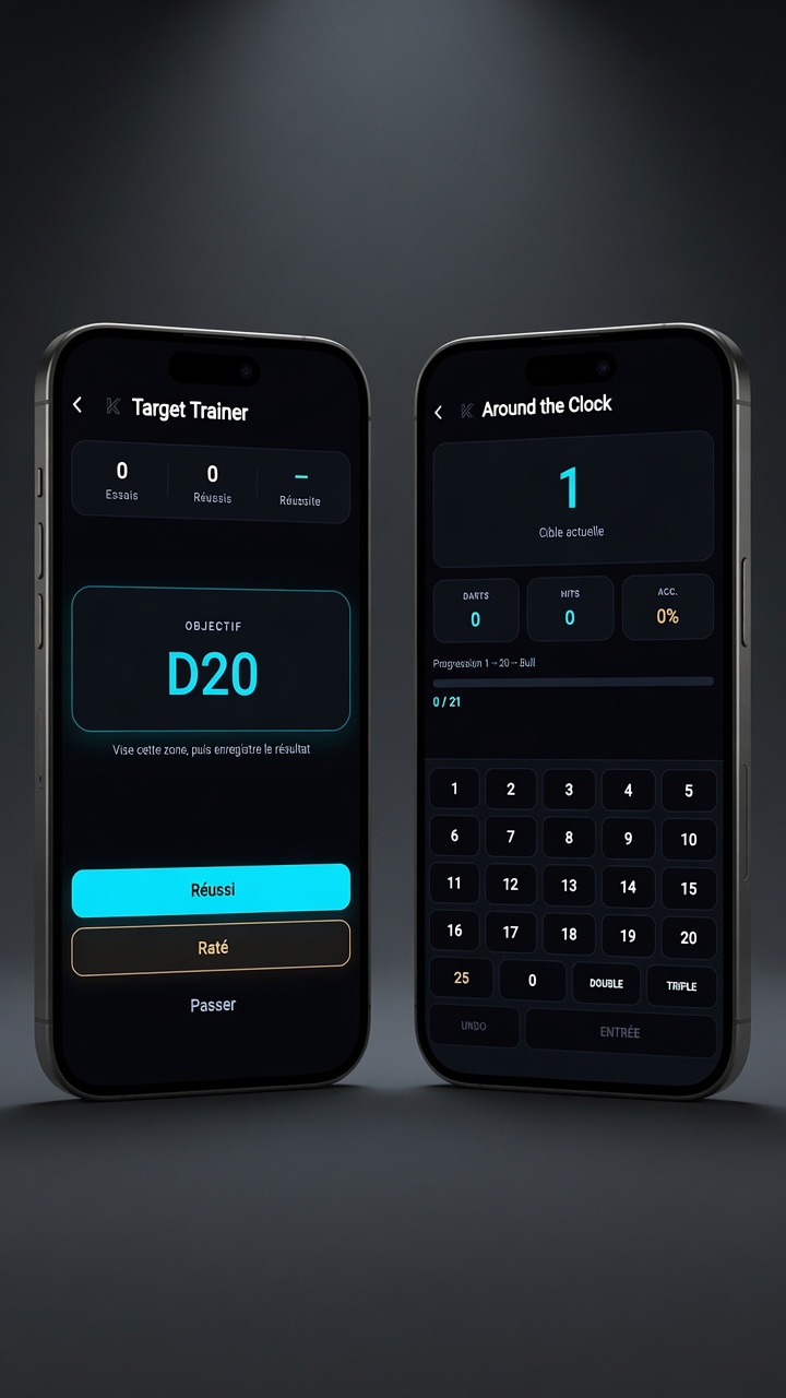 Deux écrans KUSTA : Target Trainer et Around the Clock avec leur clavier de saisie
